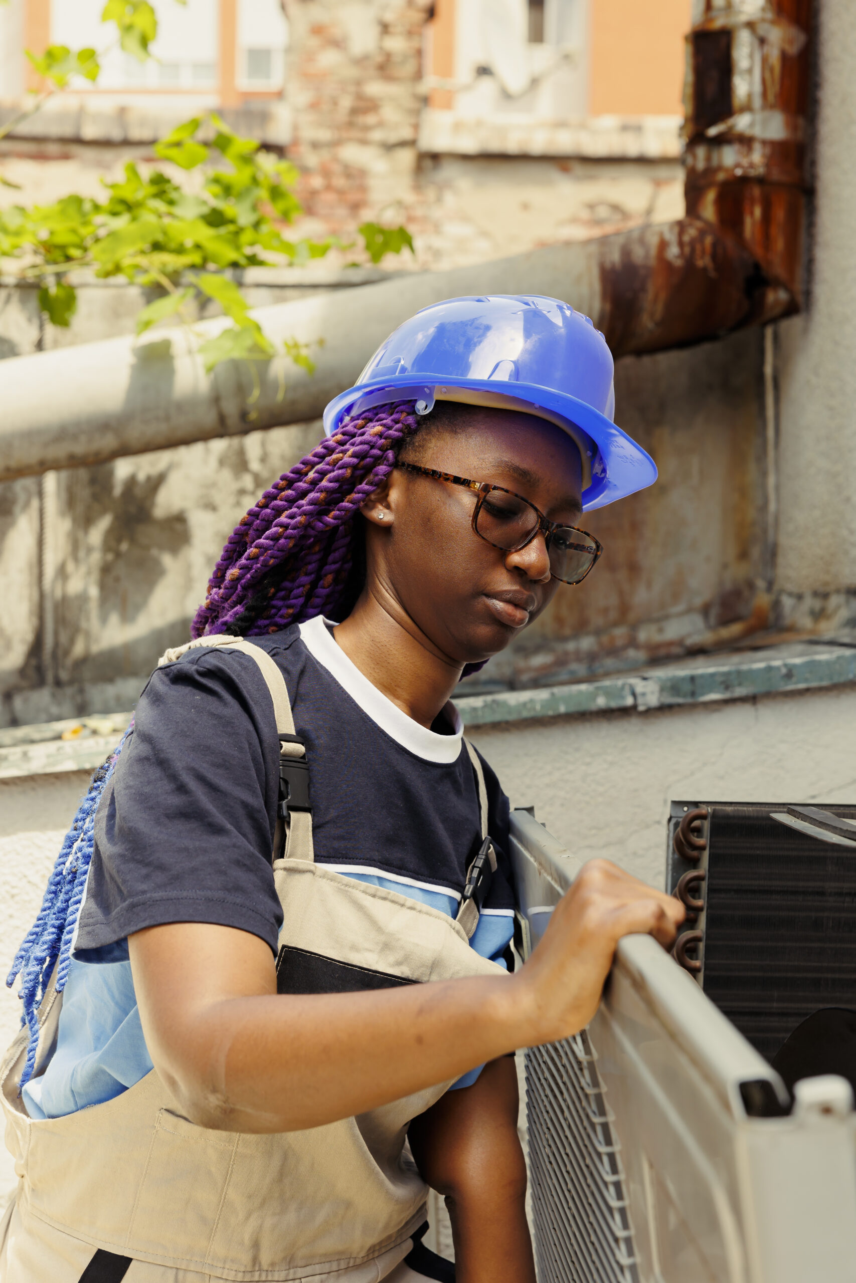 African american specialist assembling back together air conditioner after finishing reconditioning rusty components. Licensed engineer comissioned by client to do maintenance on hvac system