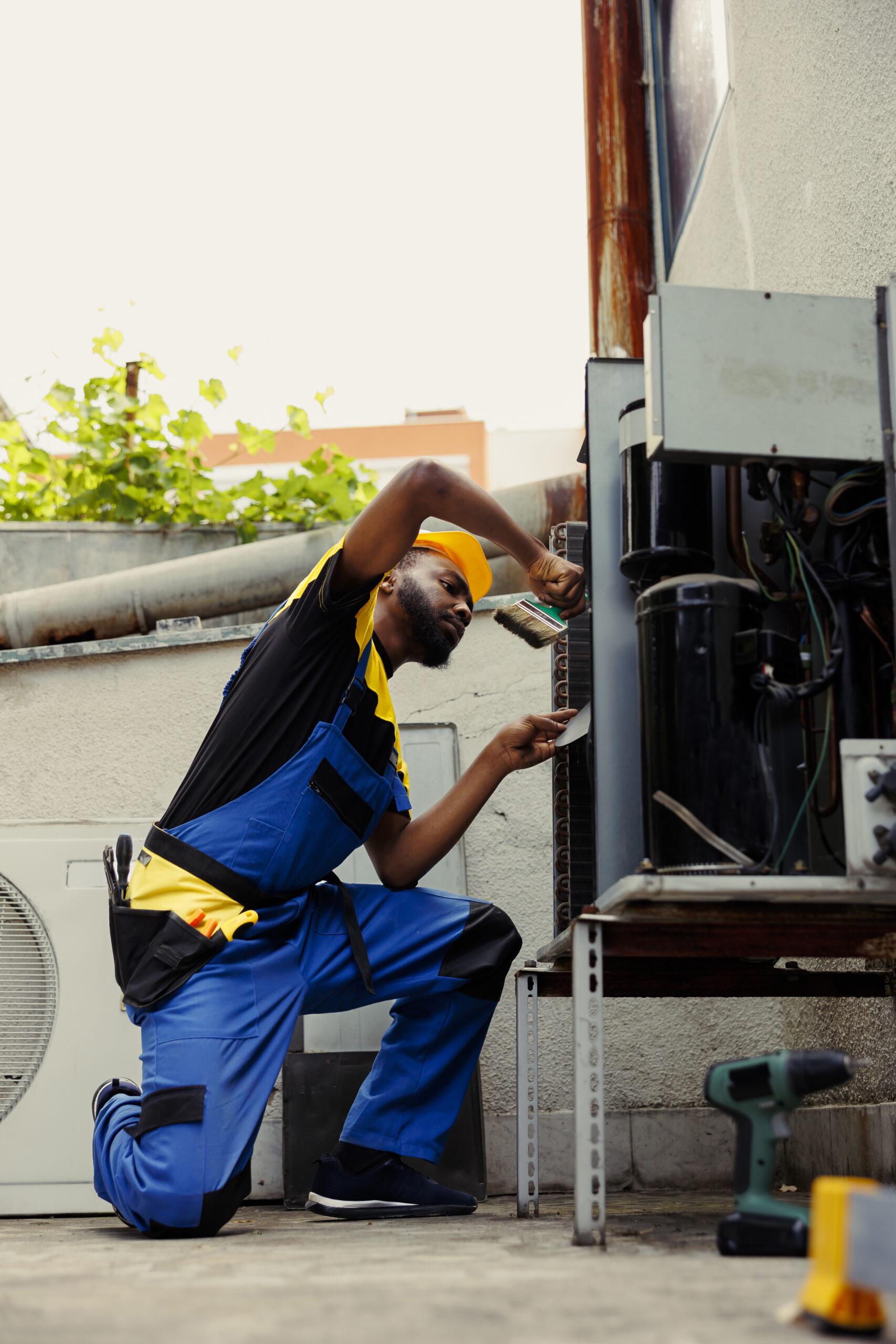 African american licensed serviceman hired for yearly condenser maintenance, using brush to remove debris from clogged air filter restricting airflow and decreasing efficiency